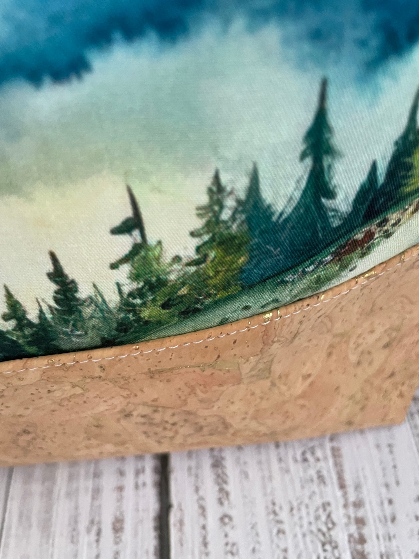 WATERCOLOUR MOUNTAINS.   Lifestyle plus  bag (soft no wire  , but interfaced )NATURAL CORK BOTTOM