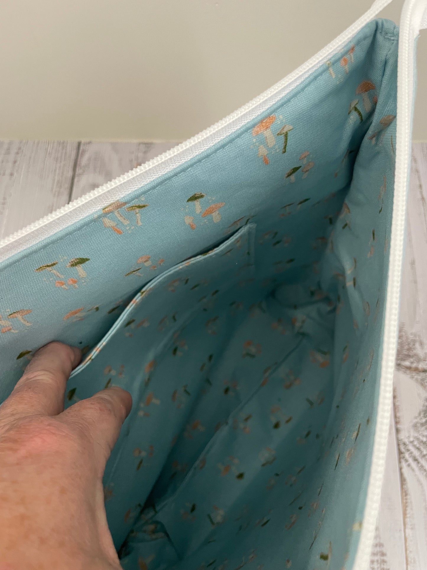 WATERCOLOUR MOUNTAINS.   Lifestyle plus  bag (soft no wire  , but interfaced )NATURAL CORK BOTTOM