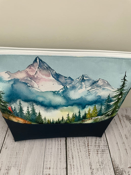 WATERCOLOUR MOUNTAINS.   LARGE Lifestyle plus  bag (soft no wire  , but interfaced )NAVY CORK BOTTOM