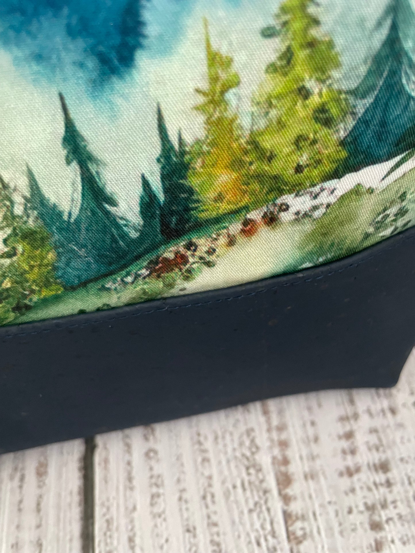 WATERCOLOUR MOUNTAINS.   LARGE Lifestyle plus  bag (soft no wire  , but interfaced )NAVY CORK BOTTOM