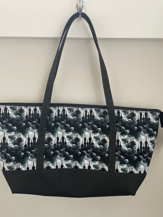 MYSTIC CASTLE LARGE TOTEBAG ....CUSTOM PRINT ......BLACK CORK BOTTOM AND HANDBAG LENGHT HANDLES