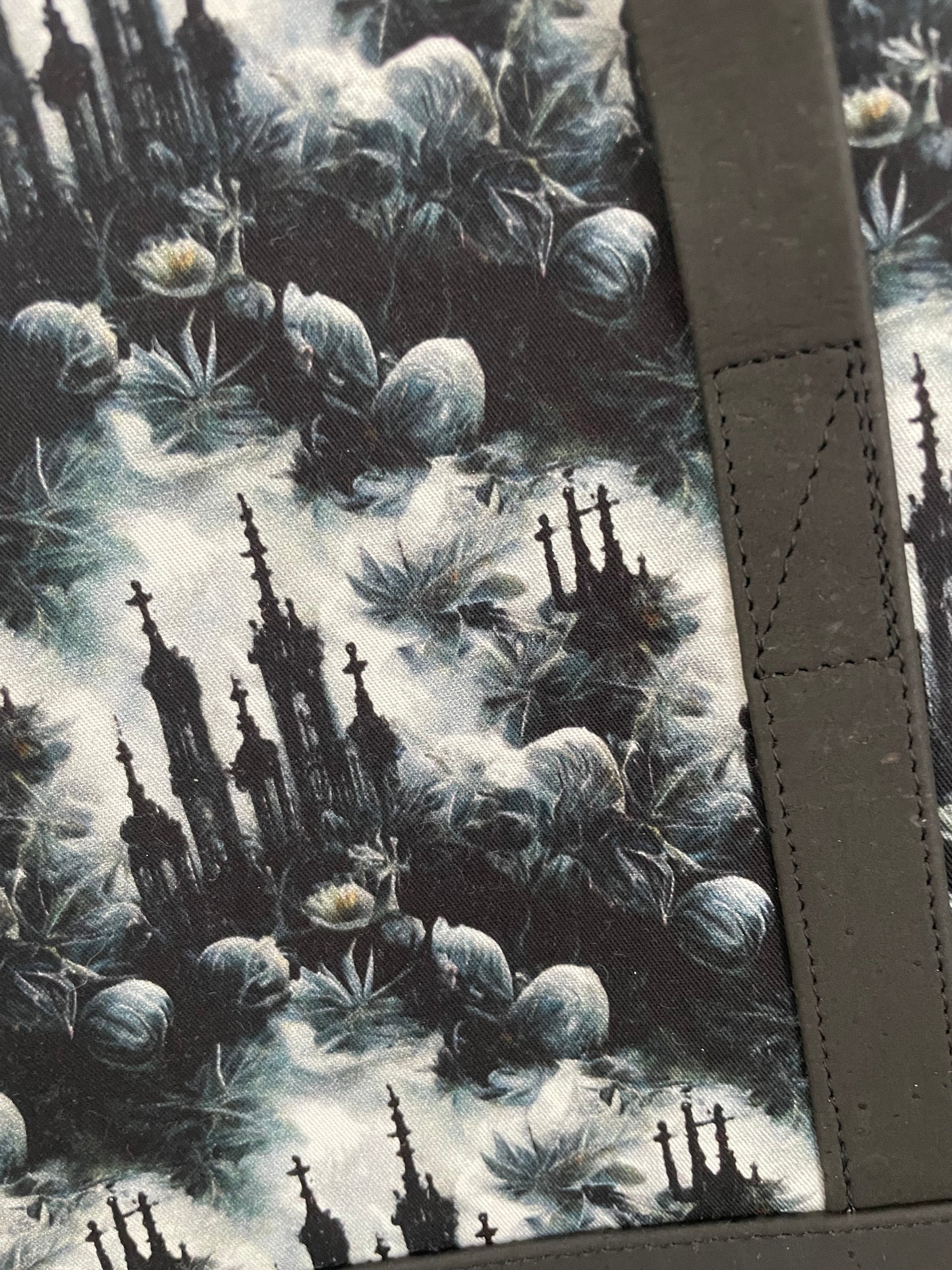 MYSTIC CASTLE LARGE TOTEBAG ....CUSTOM PRINT ......BLACK CORK BOTTOM AND HANDBAG LENGHT HANDLES