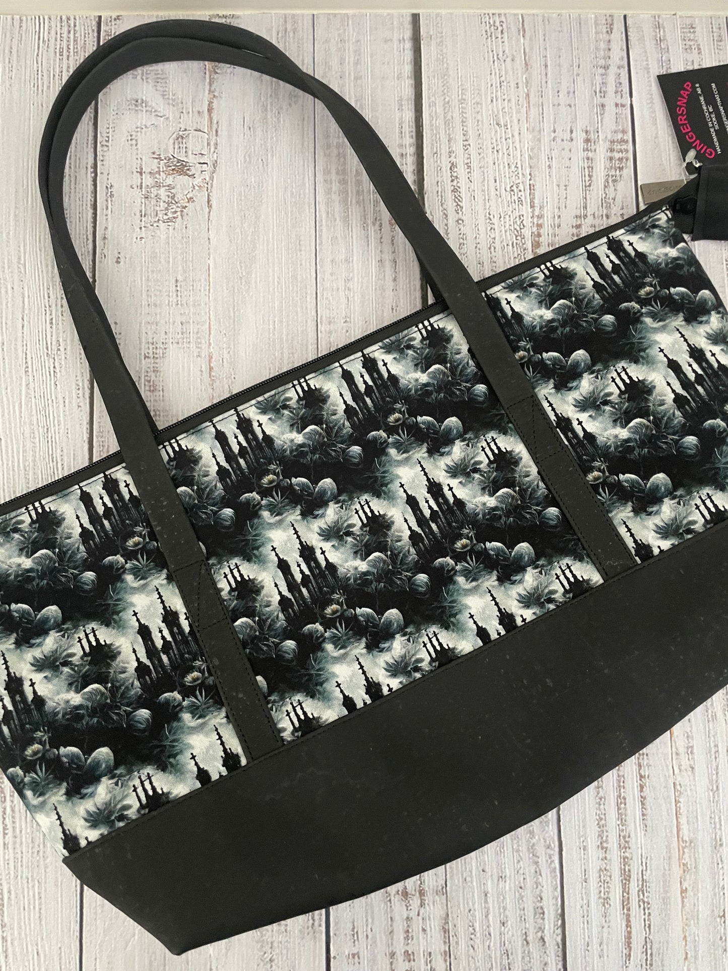MYSTIC CASTLE LARGE TOTEBAG ....CUSTOM PRINT ......BLACK CORK BOTTOM AND HANDBAG LENGHT HANDLES