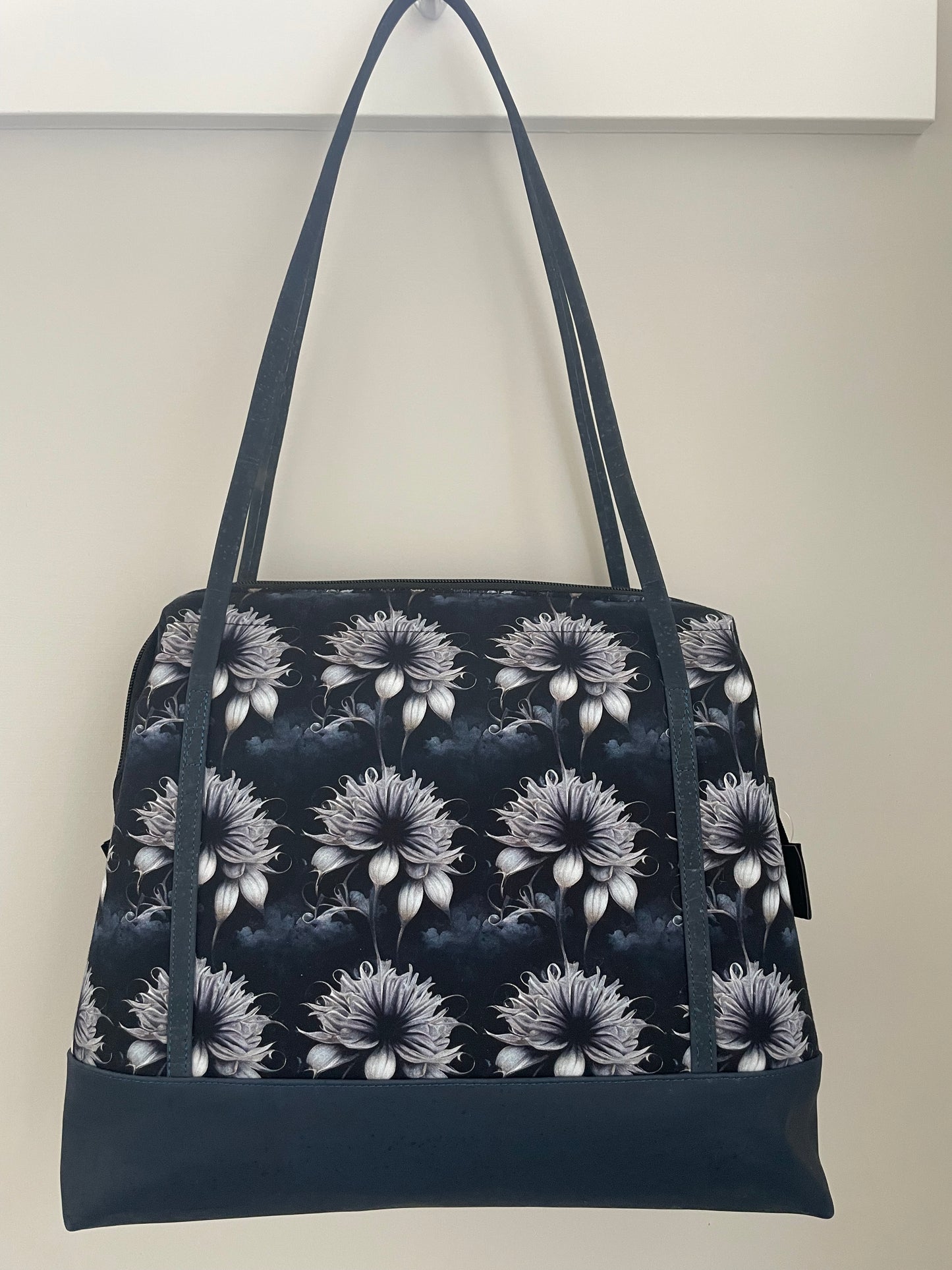 MIDNIGHT FLORAL  .... Large  Wire frame bag....NAVY CORK BOTTOM AND HANDLES ...CUSTOM PRINT
