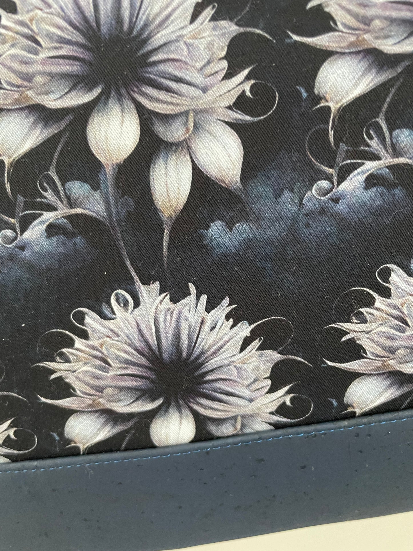 MIDNIGHT FLORAL  .... Large  Wire frame bag....NAVY CORK BOTTOM AND HANDLES ...CUSTOM PRINT
