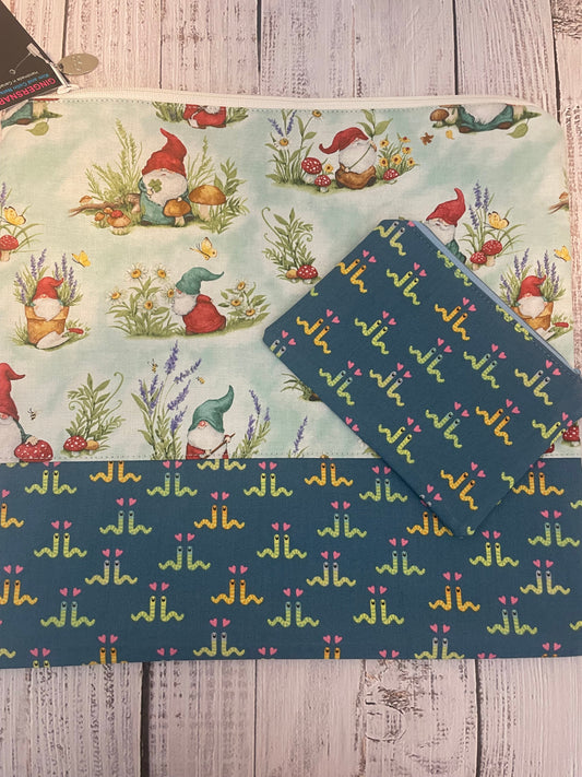 GARDEN GNOME & INCHWORM LARGE  STITCHING BAG & NOTIONS POUCH