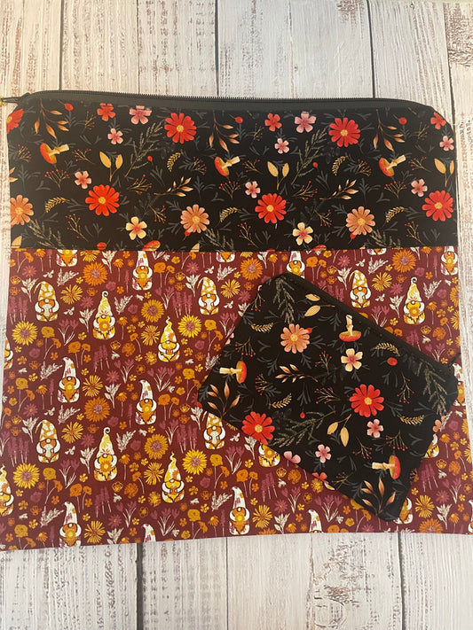 SUNFLOWER GNOME AND TOADSTOOLS  LARGE  STITCHING BAG & NOTIONS POUCH