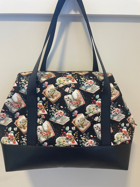 FLORAL BOOKS .....LARGE WIRE FRAME BAG ...BLACK VINYL BOTTOM , SEATBELT WEBBING  HANDBAG LENGHT HANDLES