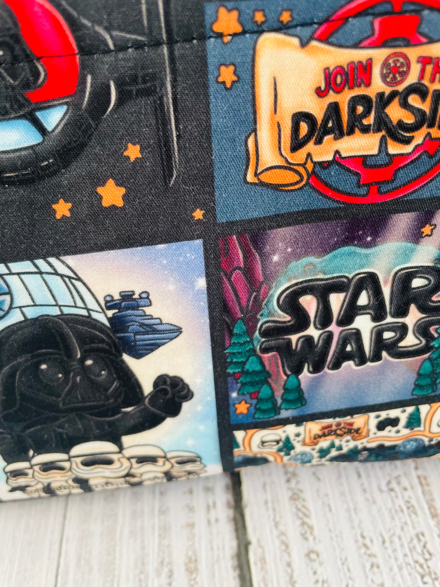 DARKSIDE COMIC STRIP   Small wire frame bag...CUSTOM PRINT ...LINING IS GLOW IN THE DARK , ACTIVATED BY LIGHT