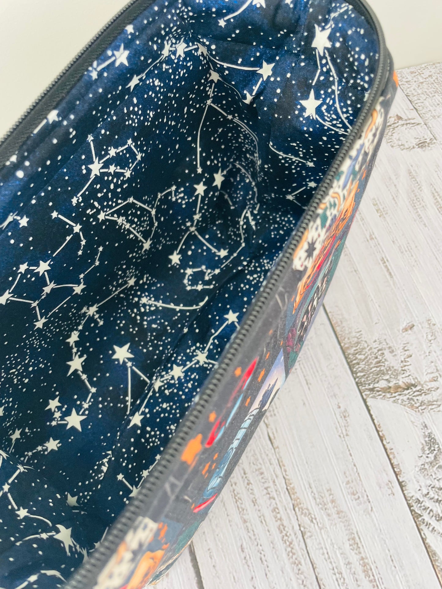 DARKSIDE COMIC STRIP   Small wire frame bag...CUSTOM PRINT ...LINING IS GLOW IN THE DARK , ACTIVATED BY LIGHT
