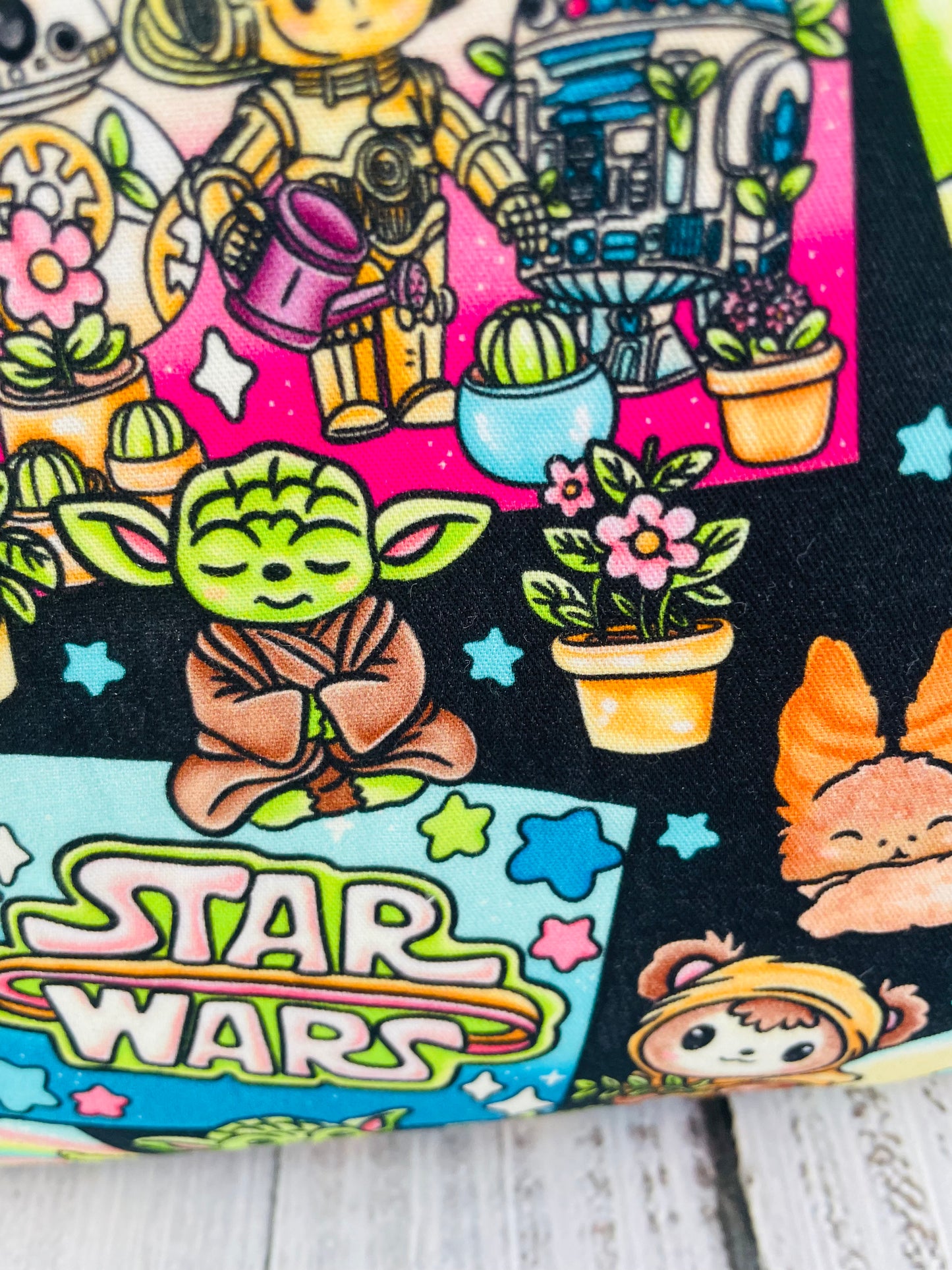 SPACE WARS COMIC STRIP ...Small wire frame  plus bag...CUSTOM PRINT ....LINING IS GLOW IN THE DARK , ACTIVATED BY LIGHT