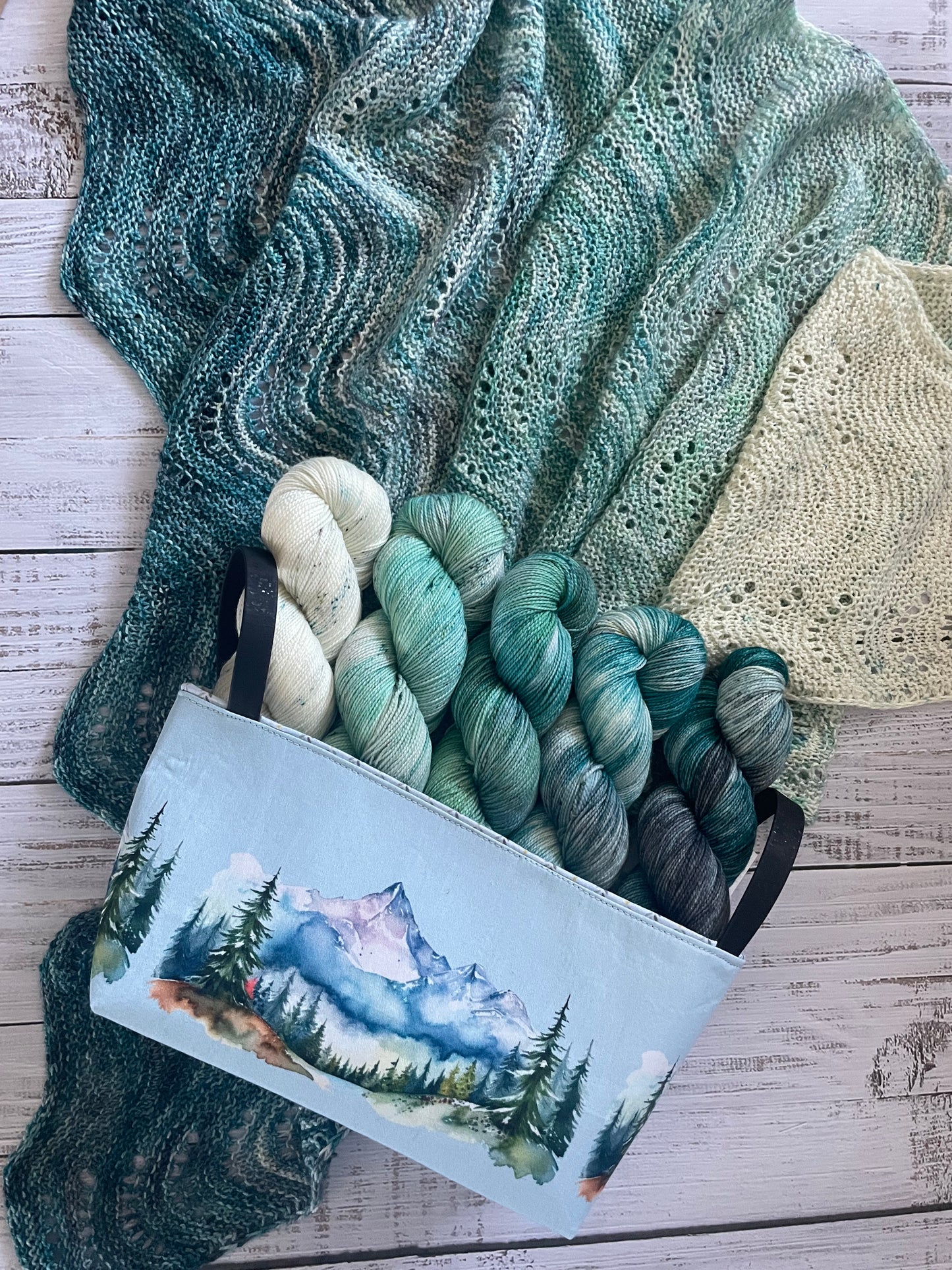 WATERCOLOUR MOUNTAINS   ....MINI BASKET  WITH BLUE CORK HANDLES