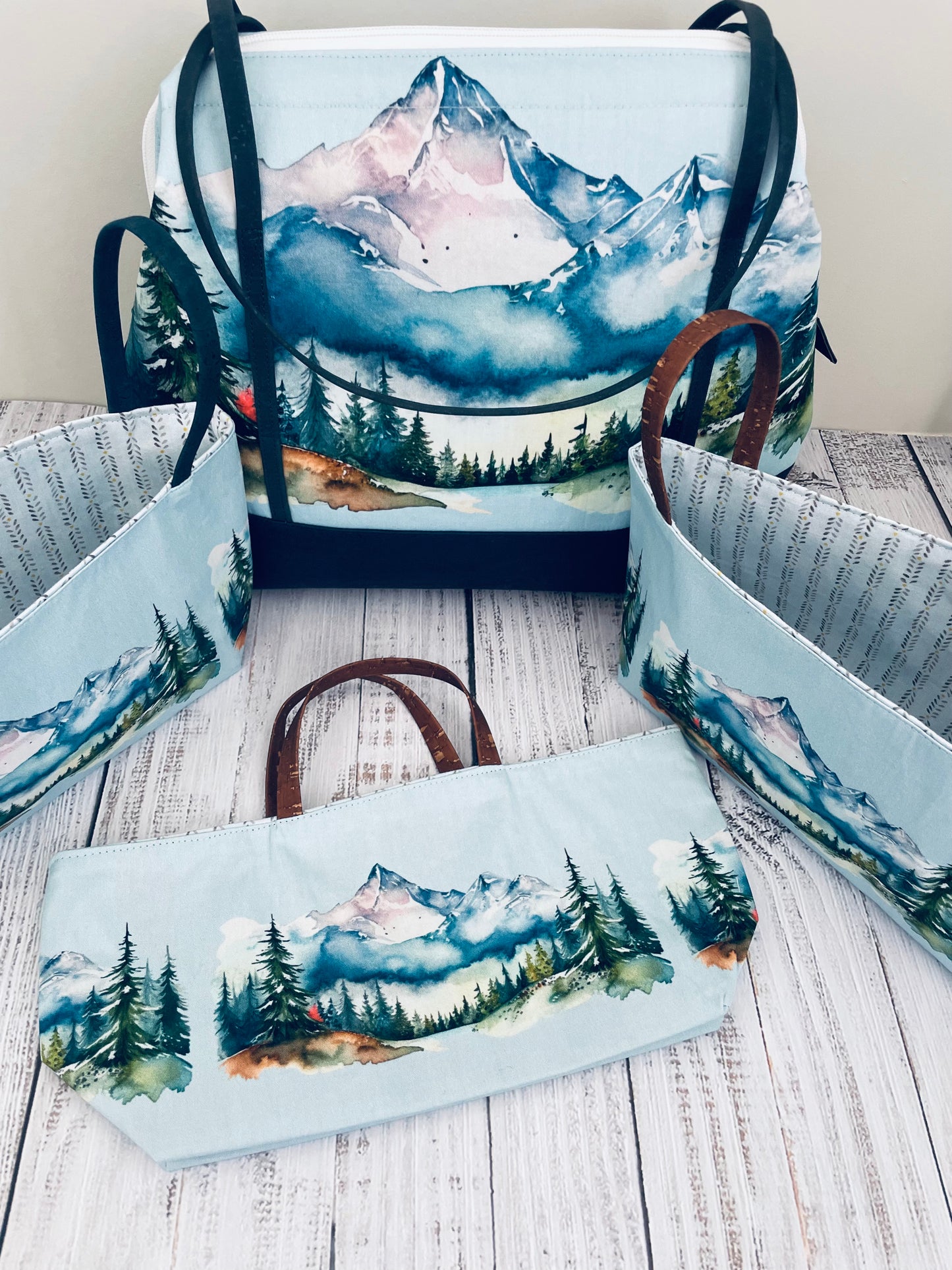 WATERCOLOUR MOUNTAINS   ....MINI BASKET  WITH BLUE CORK HANDLES