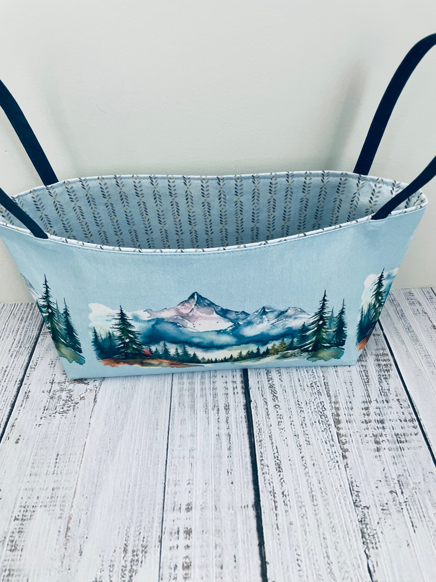 WATERCOLOUR MOUNTAINS   ....MINI BASKET  WITH BLUE CORK HANDLES
