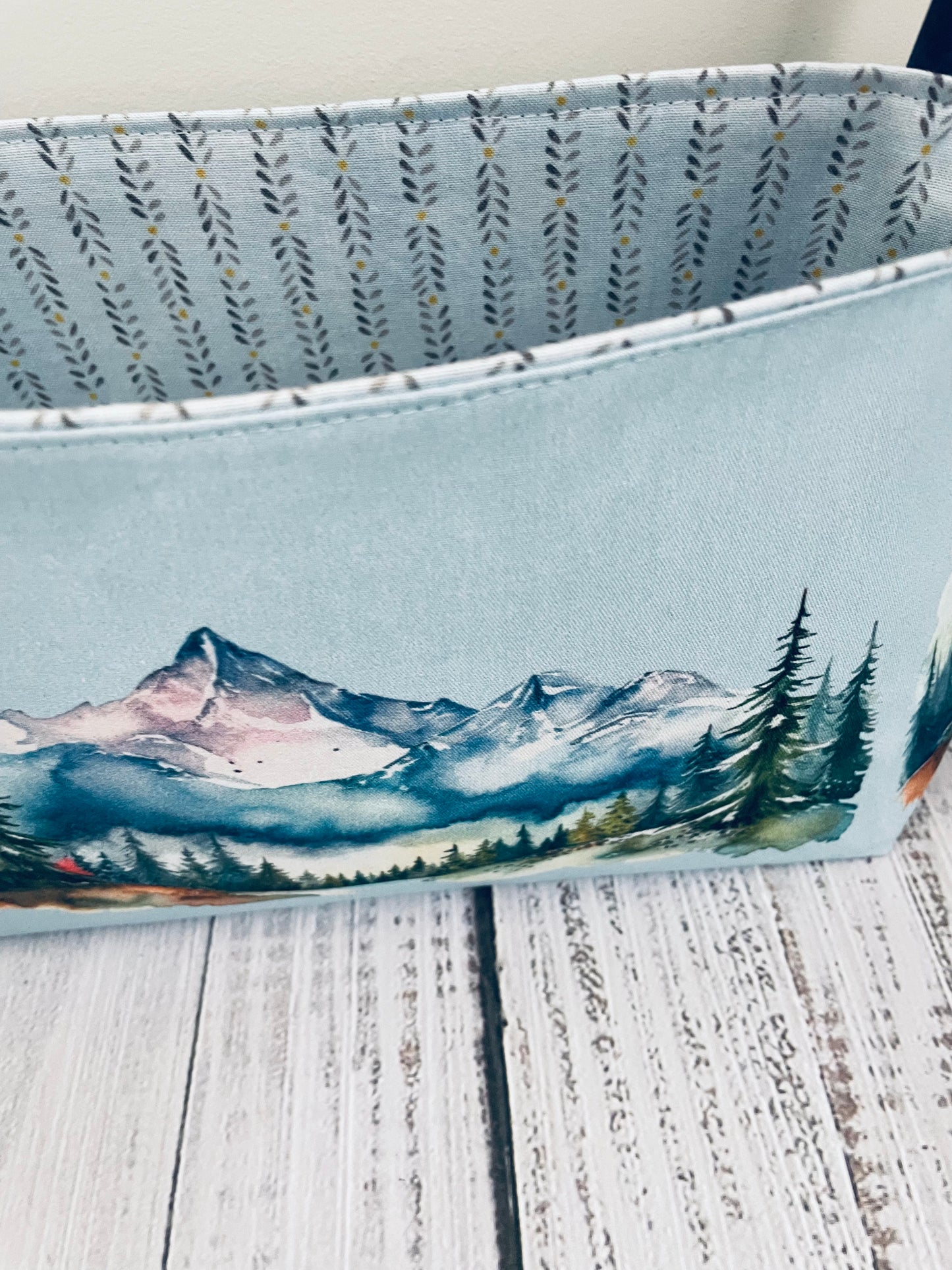 WATERCOLOUR MOUNTAINS   ....MINI BASKET  WITH BLUE CORK HANDLES