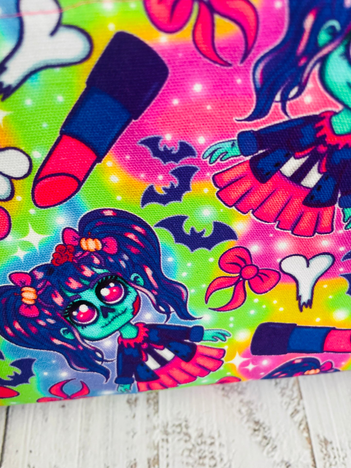 NEON ZOMBIE GIRL    Small wire frame bag...BLACK LIGHT REACTIVE ...CUSTOM PRINT CANVAS