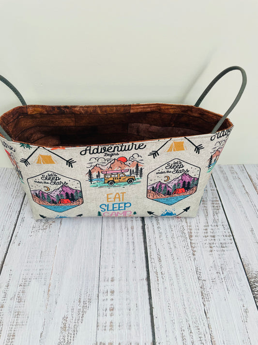 LETS GO ON A ADVENTURE (CAMPING) ....MINI BASKET  WITH CORK HANDLES...CUSTOM PRINT