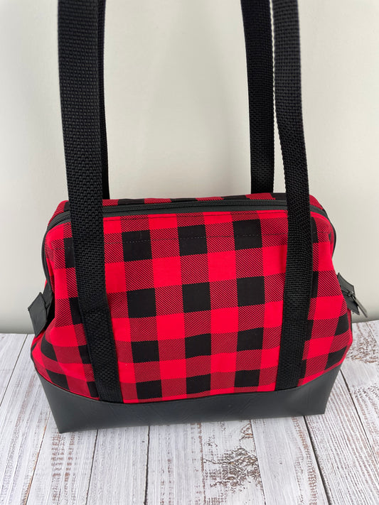 BUFFALO PLAID LARGE WIRE FRAME BAG ...FEATURING BLACK FAUX LEATHER BOTTOM, SHOULDER LENGHT WEBBING HANDLES