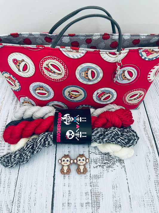 SOCK MONKEY MINI TOTE BAG   &   MINISNAP SET ...LUSH  Fingering & Mighty Marled fingering (5)...1 SET OF MONKEY STITCH TOPPERS, 1 PROGRESS KEEPER, 1 STITCH MARKER