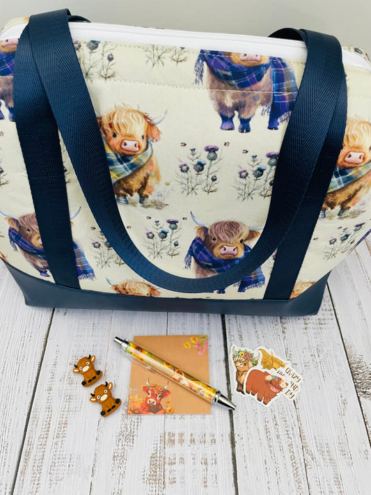 HIGHLAND COO IN TARTAN ...LARGE WIRE FRAME BAG, STITCH STOPPERS, PEN, STICKY NOTES, STICKERS  ...CUSTOM PRINT