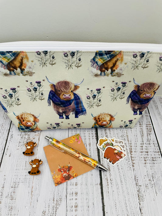 HIGHLAND COO IN TARTAN Lifestyle bag (soft no wire  , but interfaced )...CUSTOM PRINT...STITCH STOPPERS , PEN, STICKY NOTE PAD AND STICKERS