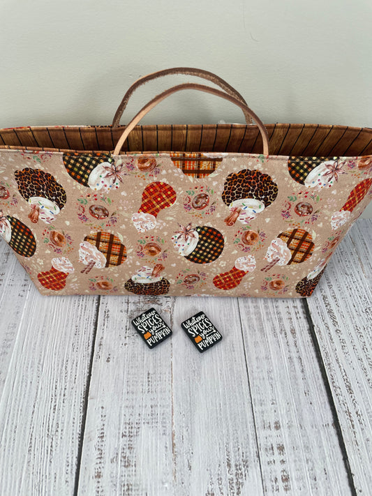 PUMPKIN SPICE     ....MINI TOTE  WITH LEATHER HANDLES...1 SET OF THEMED STITCH STOPPERS