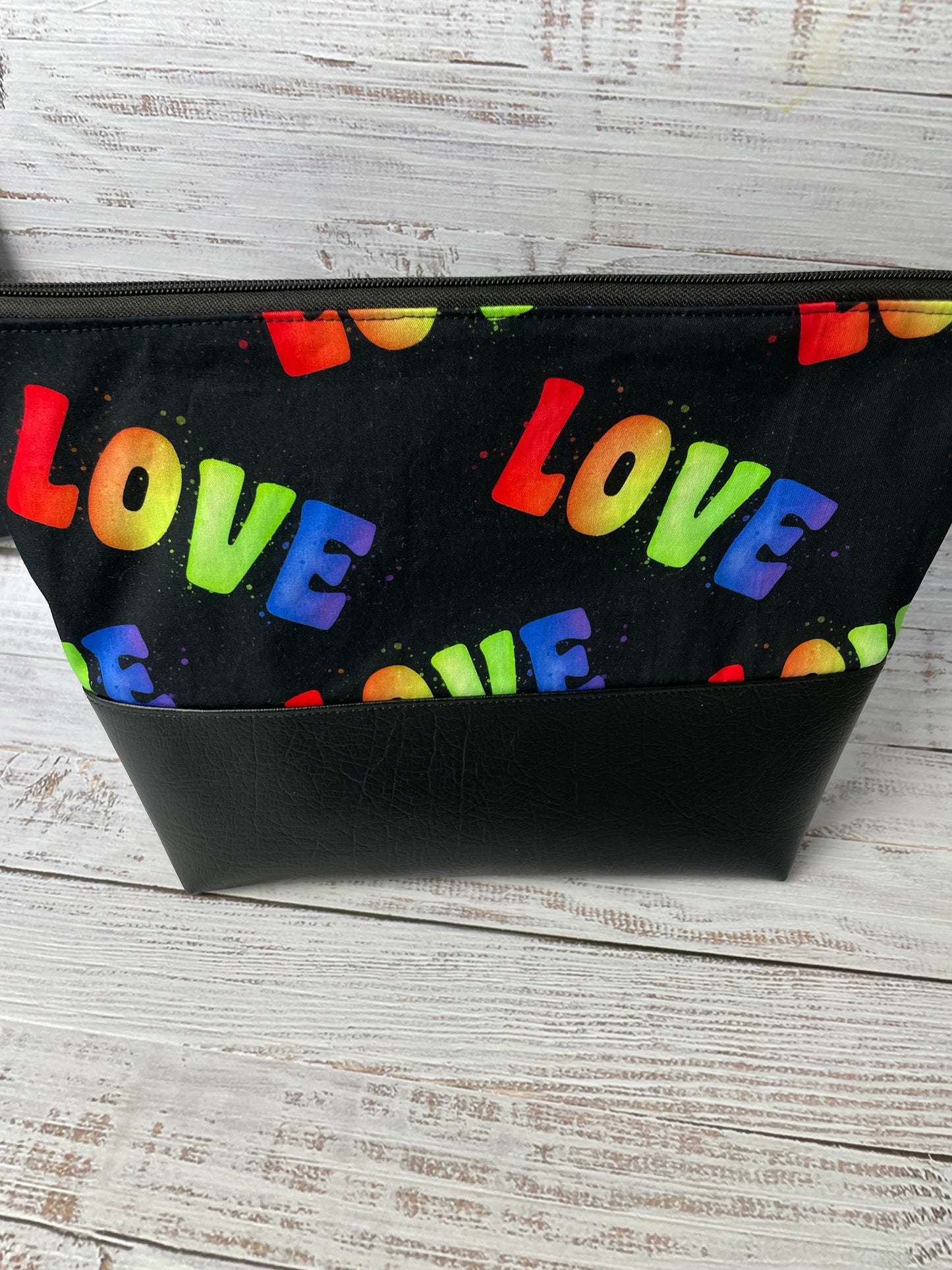 RAINBOW LOVE  .. Lifestyle plus  bag (soft no wire  , but interfaced ) BLAXK FAUX LEATHER BOTTOM....CUSTOM PRINT