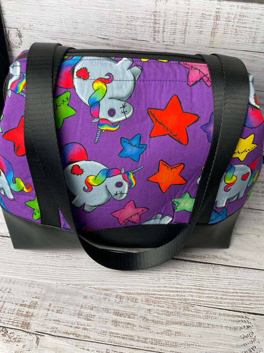 "Rosie" the patchwork unicorn ...canvas fabric ... LARGE wire Frame bag featuring a black  faux leather bottom...CUSTOM PRINT