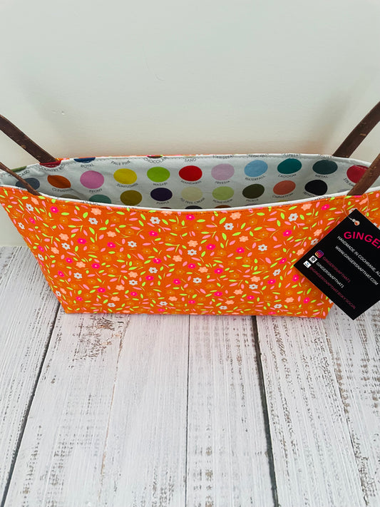 ORANGE BLOSSOMS   ....MINI BASKET  WITH CORK HANDLES ....BLACK LIGHT REACTIVE FABRIC