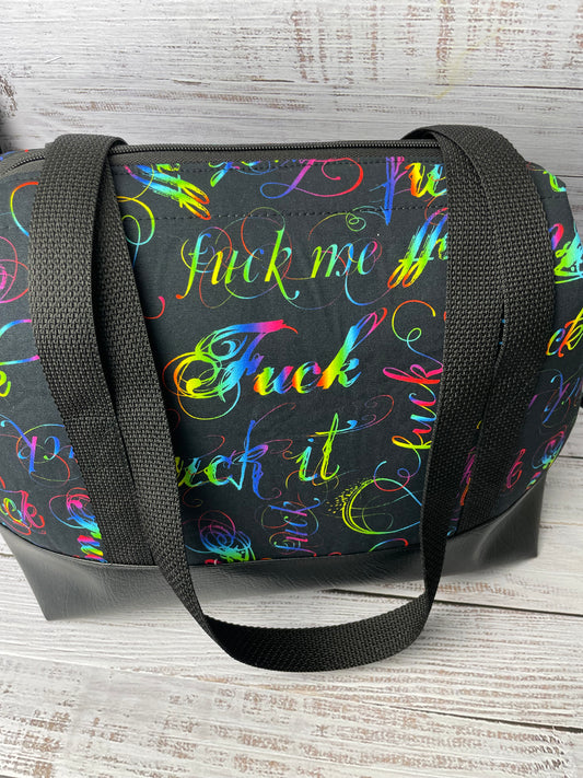 F&%K..... CUTOM PRINTED CANVAS ...LARGE WIRE FRAME BAG WITH BLACK  FAUX LEATHER BOTTOM....SHOULDER LENGHT WEBBING HANDLES