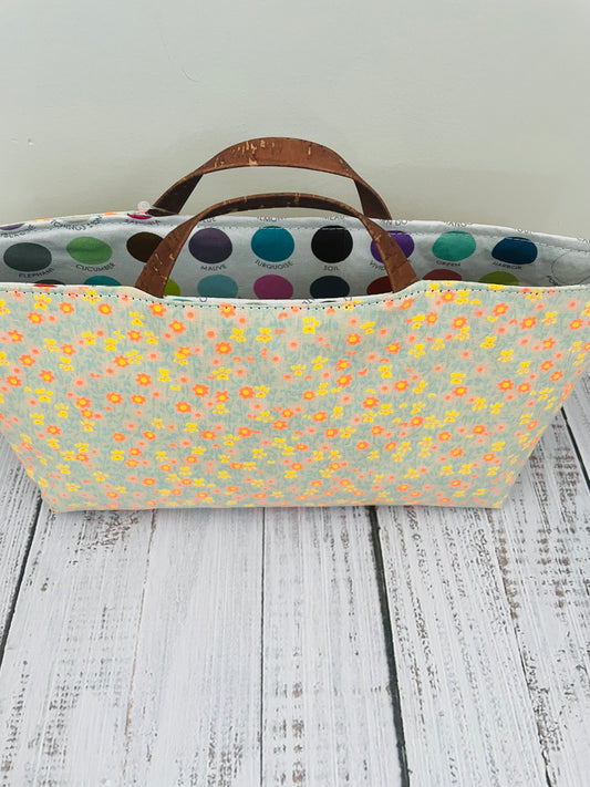 SPRING FLING  ....MINI TOTE BAG   WITH CORK HANDLES ....BLACK LIGHT REACTIVE FABRIC