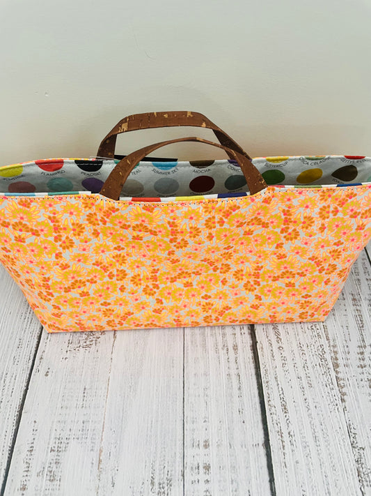 PEACH BLOSSOMS  ....MINI TOTE BAG   WITH CORK HANDLES ....BLACK LIGHT REACTIVE FABRIC