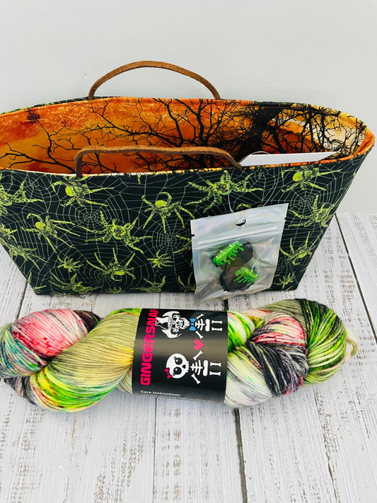 GLOW IN THE DARK SPIDER HALLOWEEN SKEIN  AND MINI TOTE , THEMED STITCH STOPPERS