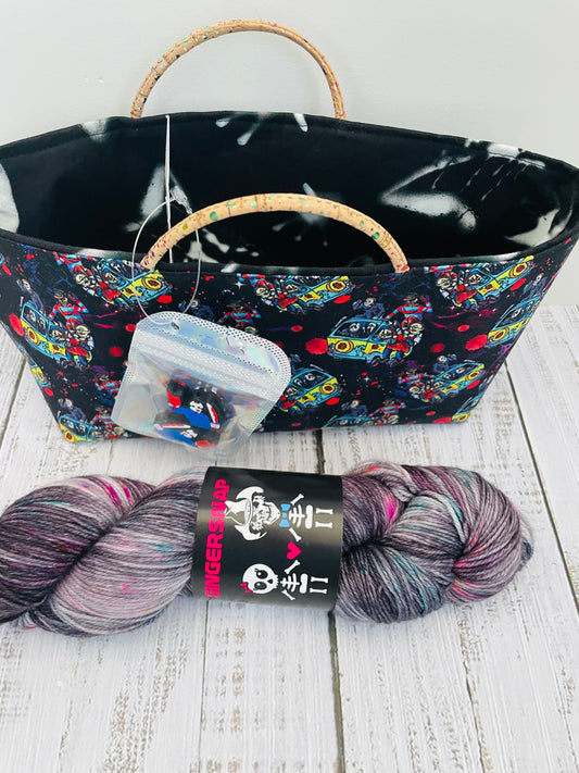 NEON NIGHTMARE  HALLOWEEN SKEIN  AND MINI TOTE , THEMED STITCH STOPPERS