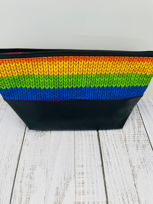 KNITTED RAINBOW ..... Lifestyle plus  bag (soft no wire  , but interfaced )  BLACK FAUX LEATHER BOTTOM...CUSTOM PRINT
