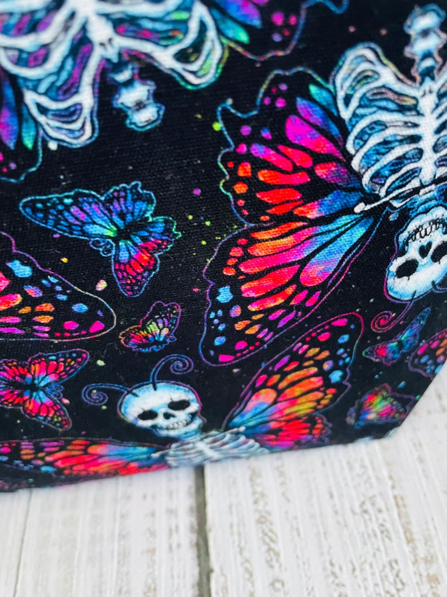 BUTTERFLY SKULL  ..... Lifestyle bag (soft no wire  , but interfaced) CUSTOM PRINT...BLACK LIGHT REACTIVE FABRIC