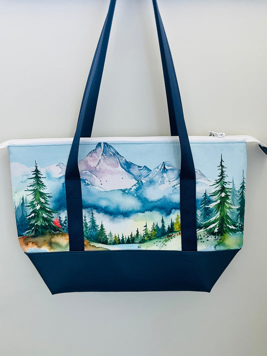 WATERCOLOUR MOUNTAINS .... large  TOTE bag...CUSTOM PRINT ...NAVY  SEATBELT WEBBING HANDLES AND FAUX LETHER BOTTOM (Copy)