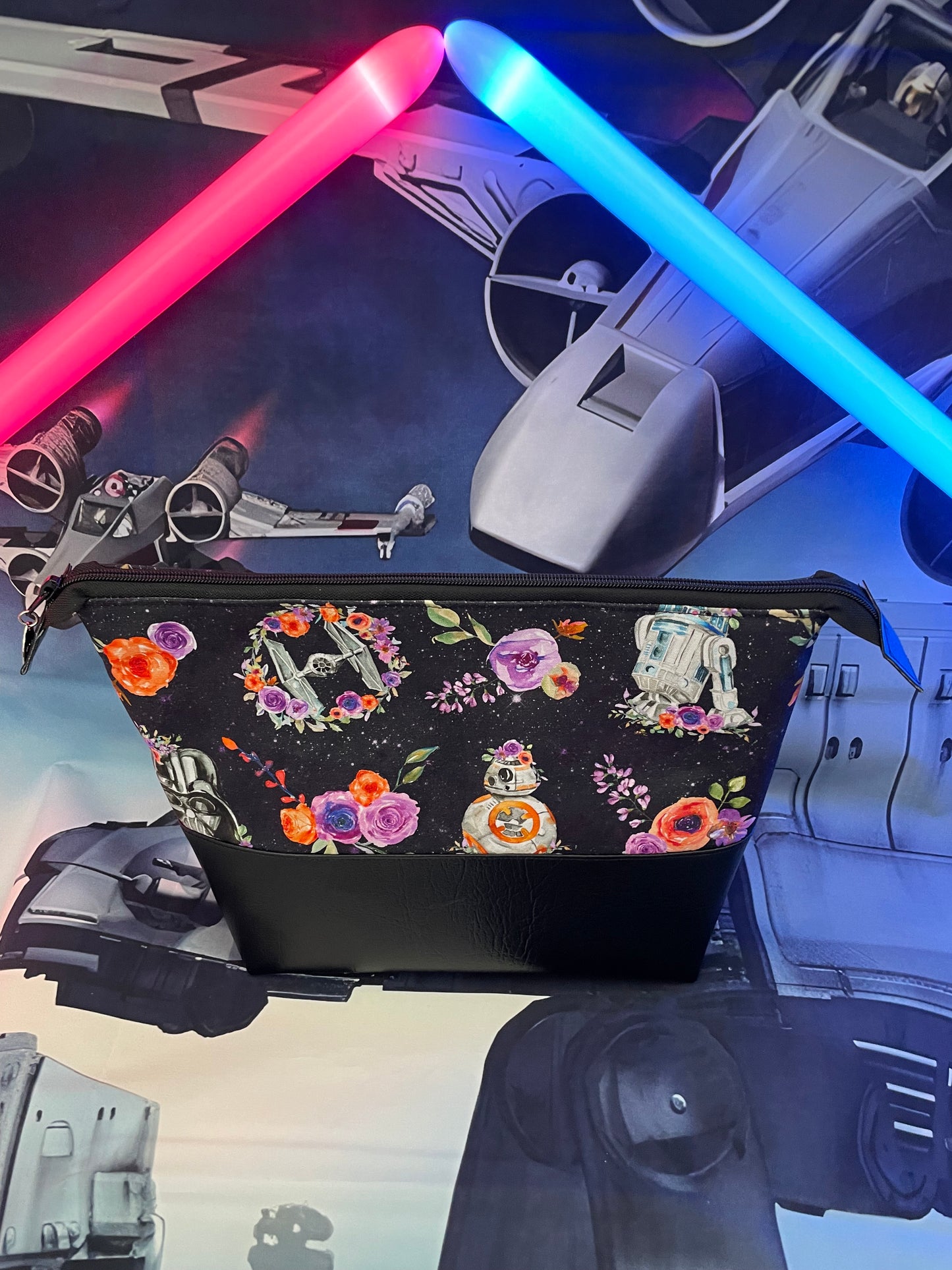 FLORAL BB8 .. Lifestyle plus  bag (soft no wire  , but interfaced )BLACK  FAUX LEATHER BOTTOM ....CUSTOM PRINT