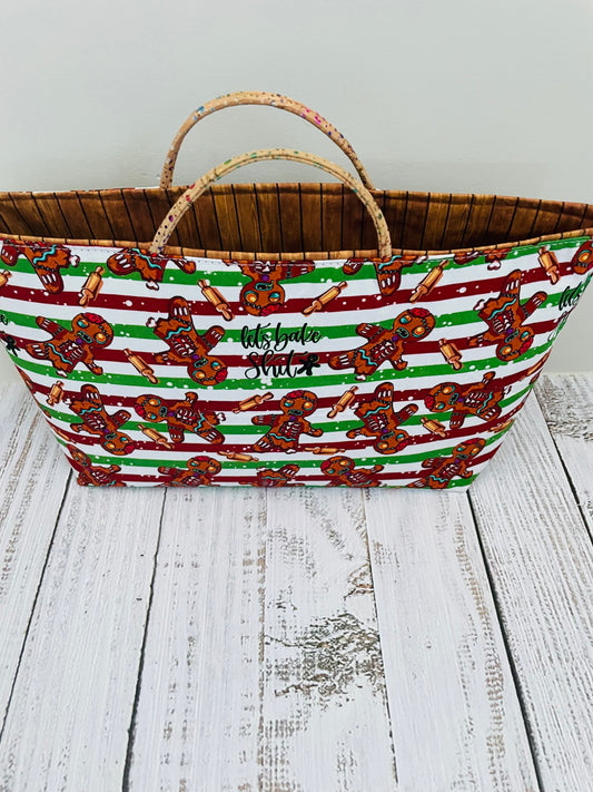 LETS BAKE ....MIDSIZE TOTE BAG WITH CORK HANDLES ...CUSTOM PRINT