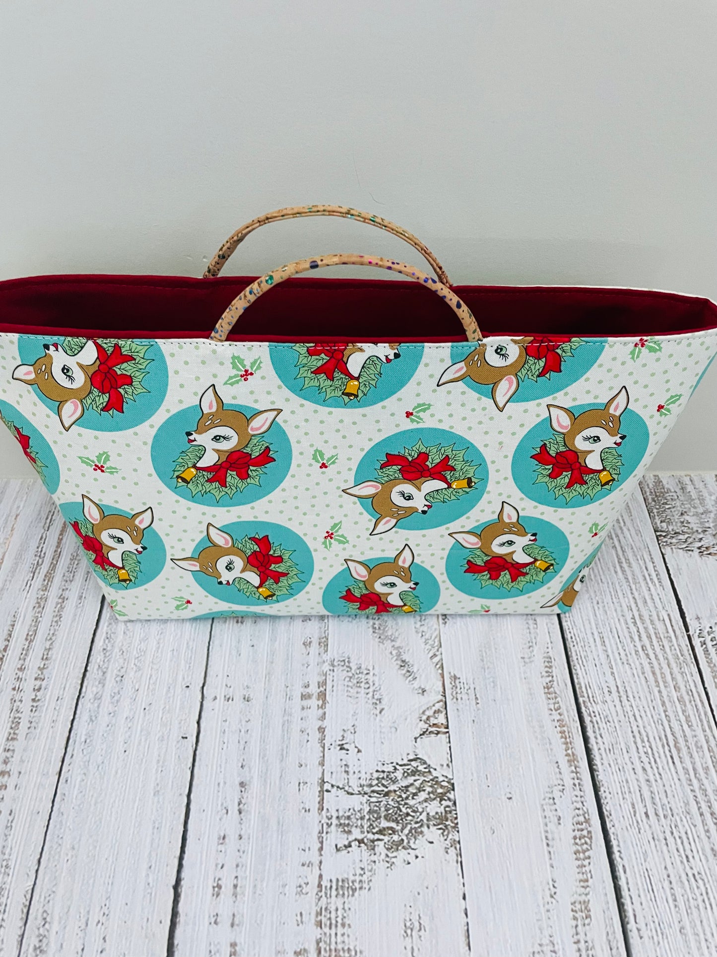 RETRO DEER  ....MIDSIZE TOTE BAG   WITH CORK HANDLES