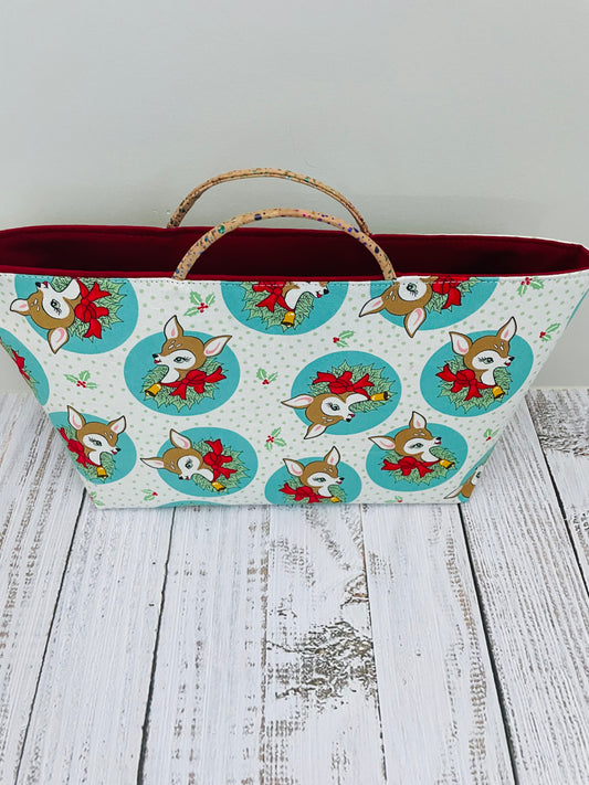 RETRO DEER  ....MIDSIZE TOTE BAG   WITH CORK HANDLES