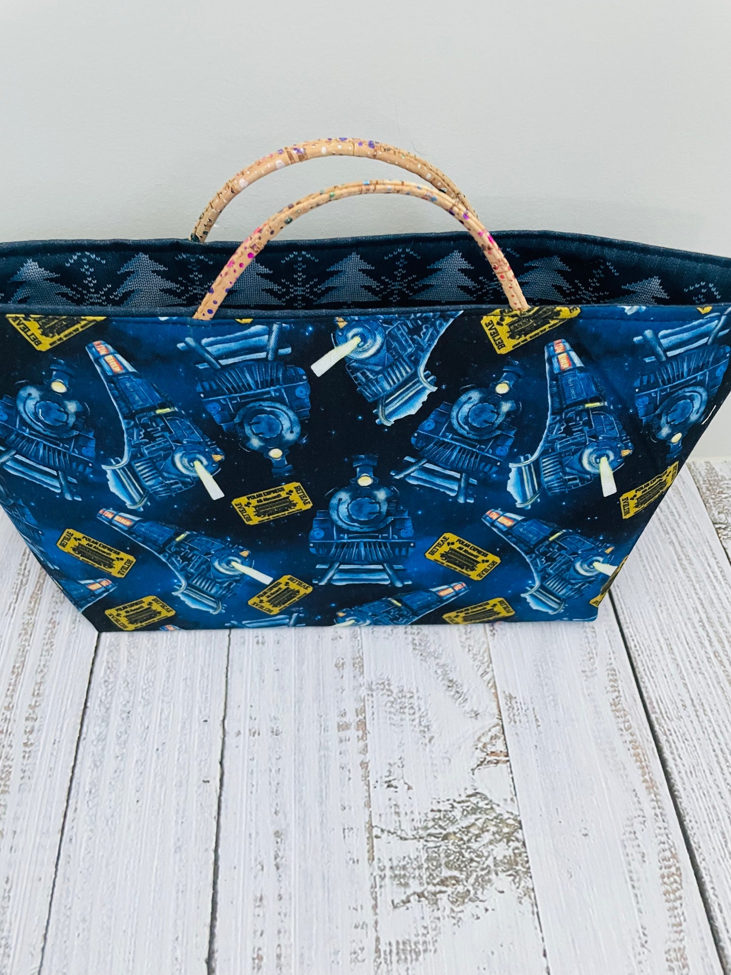 HOLIDAY TRAIN   ....MIDSIZE TOTE BAG   WITH CORK HANDLES ...CUSTOM PRINT