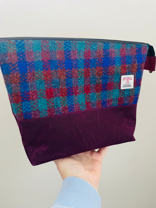 BLUE RASPBERRY GREEN CHECK HARRIS TWEED .. Lifestyle plus bag (soft no wire  , but interfaced )RASPBERRY WAXED CANVAS BOTTOM