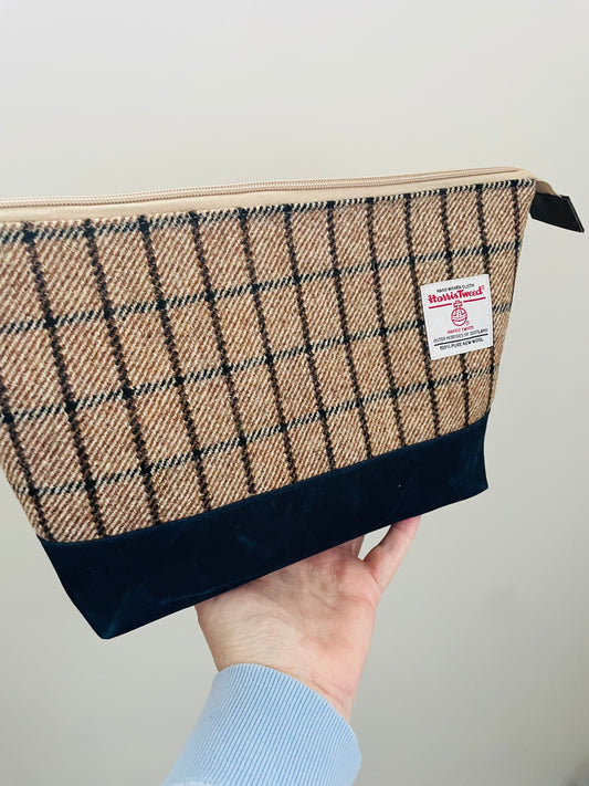 BROWN, NAVY, TAN HARRIS TWEED .. Lifestyle plus bag (soft no wire  , but interfaced )NAVY WAXED CANVAS  BOTTOM