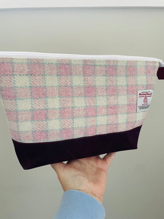 PINK, TEAL, CREAM CHECK HARRIS TWEED .. Lifestyle plus bag (soft no wire , but interfaced RASPBERRY WAXED CANVAS BOTTOM