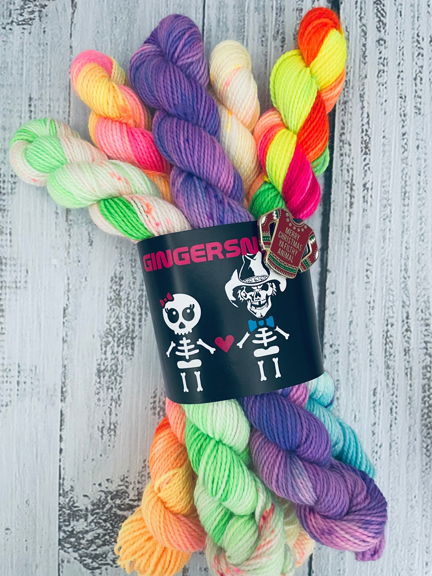 SANTA'S SH*TSHOW MINISNAP SET (5) WITH THEMED ENAMEL PIN ...LUSH  FINGERING 2 PLY ( SPECIAL EDITION COLOURWAYS )..BLACK LIGHT REACTIVE