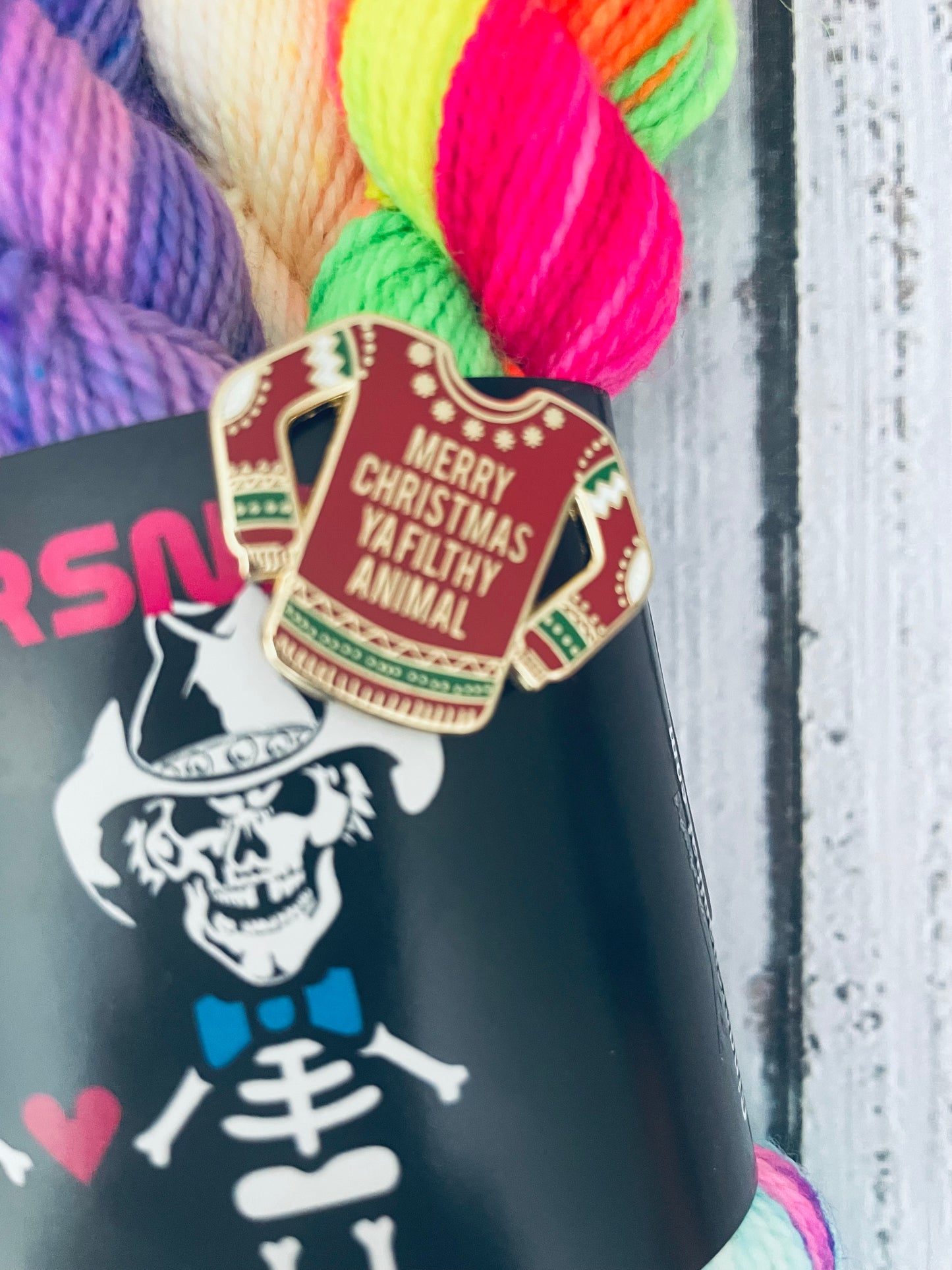 SANTA'S SH*TSHOW MINISNAP SET (5) WITH THEMED ENAMEL PIN ...LUSH  FINGERING 2 PLY ( SPECIAL EDITION COLOURWAYS )..BLACK LIGHT REACTIVE