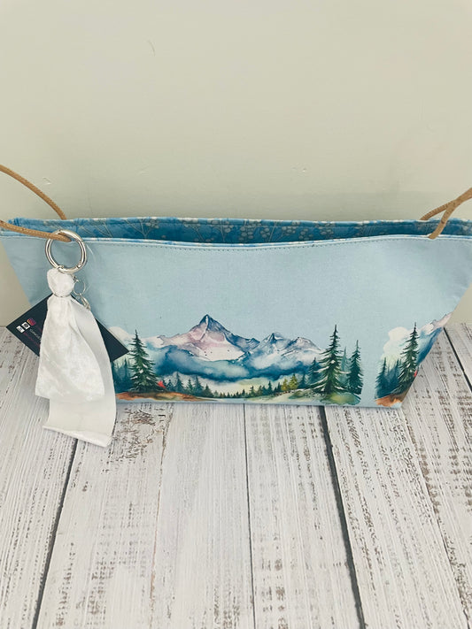 WATERCOLOUR MOUNTAINS ....MINI BASKET WITH LEATHER HANDLES..HANDCRAFTED BAG BLING WITH PROGRESS KEEPER